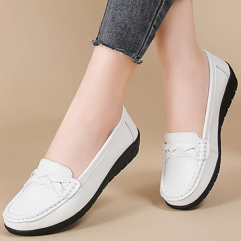 Women's Leather Loafers - Comfortable Slip-On Flat Shoes