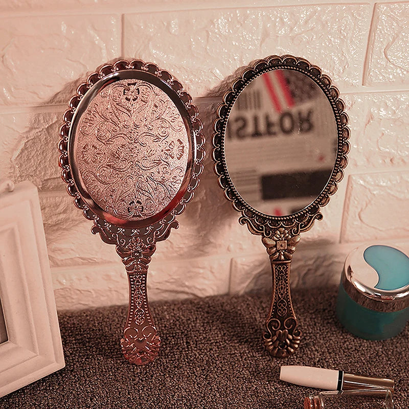 Portable Vintage Lace Makeup Mirror Hand Hold Oval Round Mirror Noble Restore Ancient Ways Court Mirror Beauty Tool