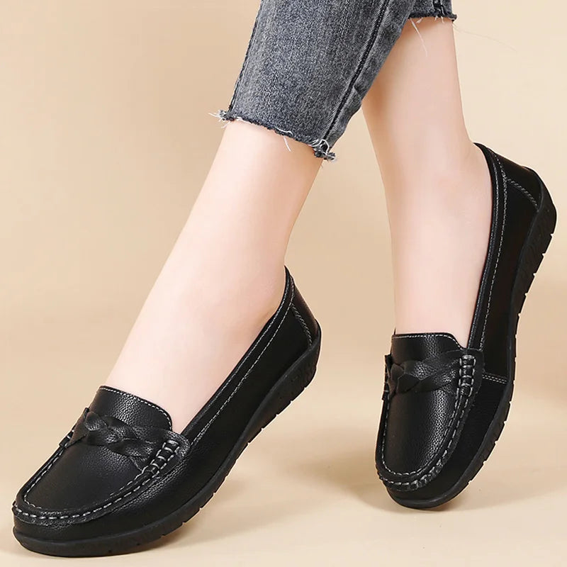 Women's Leather Loafers - Comfortable Slip-On Flat Shoes