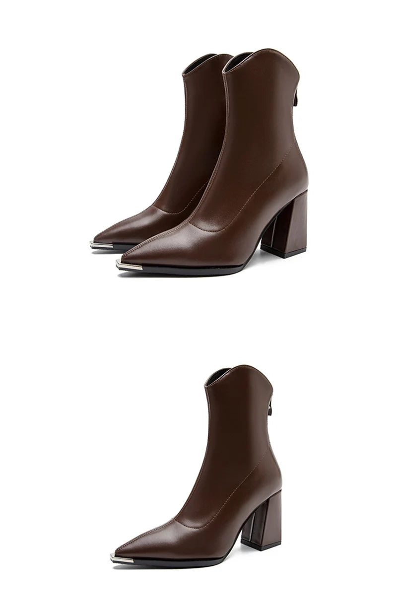 Pointed Toe Ankle Boots - Elegant High Heel Booties with Back Zipper