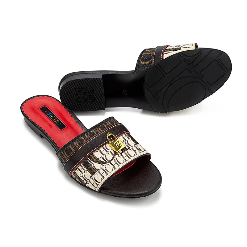 CH High Quality Metal Lock Monogram Print Women's Low Heeled Slippers Delicate and Versatile Women's Fashion Slippers