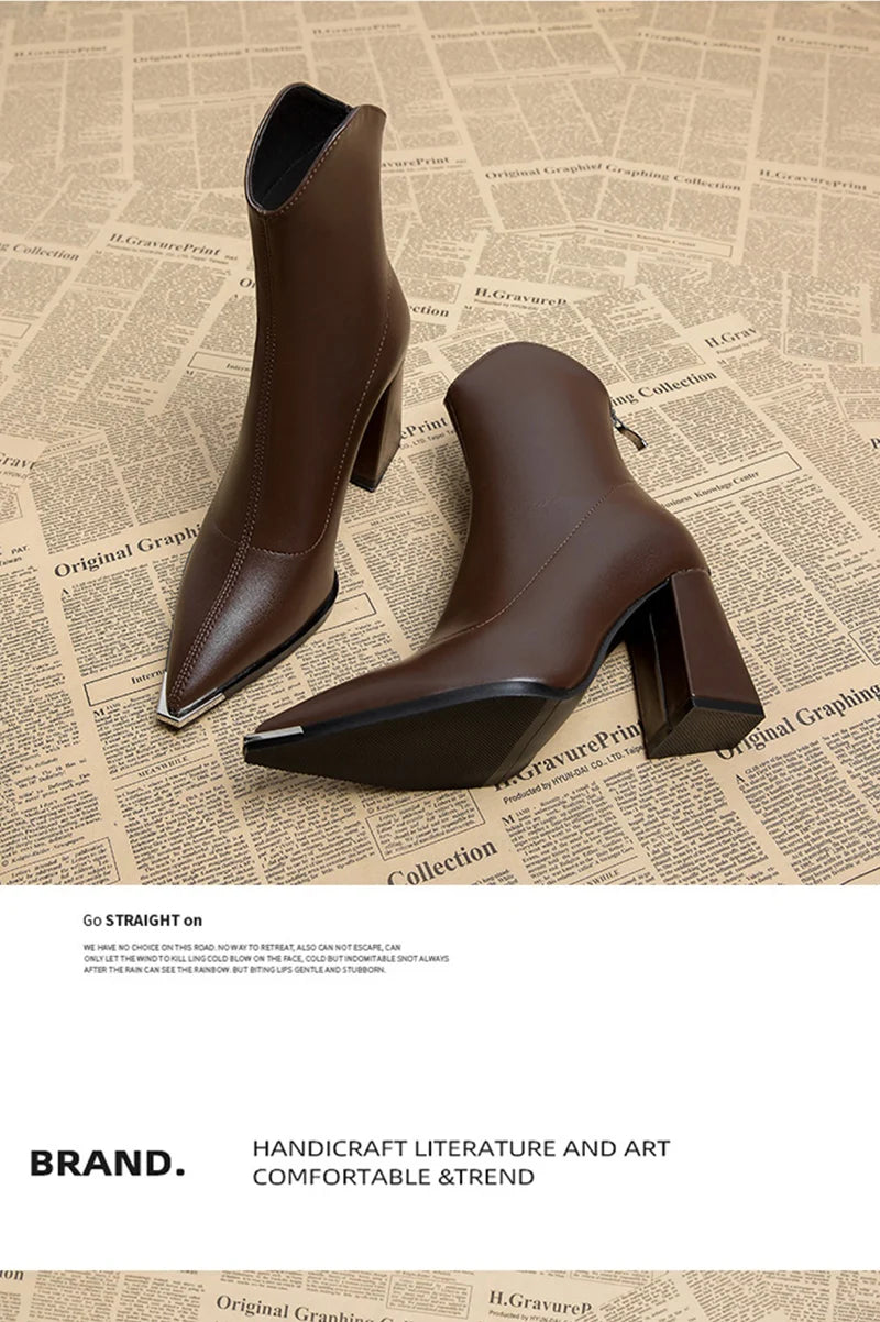 Pointed Toe Ankle Boots - Elegant High Heel Booties with Back Zipper