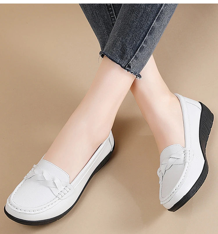 Women's Leather Loafers - Comfortable Slip-On Flat Shoes