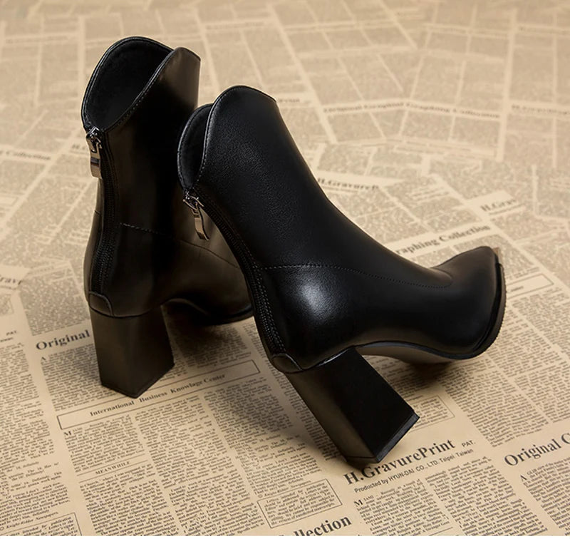 Pointed Toe Ankle Boots - Elegant High Heel Booties with Back Zipper