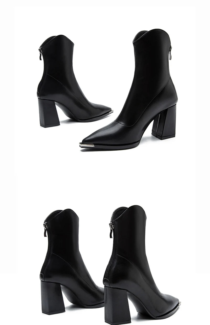 Pointed Toe Ankle Boots - Elegant High Heel Booties with Back Zipper