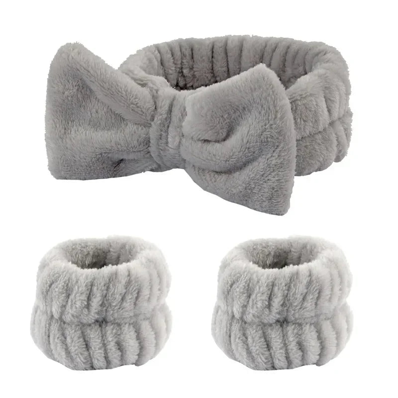 Spa Headband with Wrist Towels for Face Washing Set Elastic Bow Headbands with Highly Absorbent Wristbands for Shower Skincare