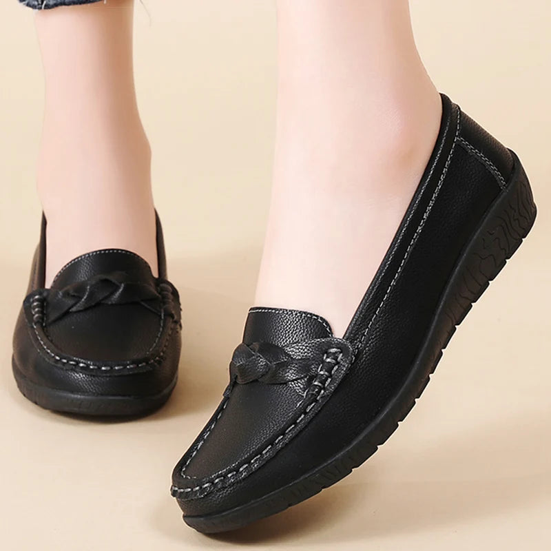 Women's Leather Loafers - Comfortable Slip-On Flat Shoes