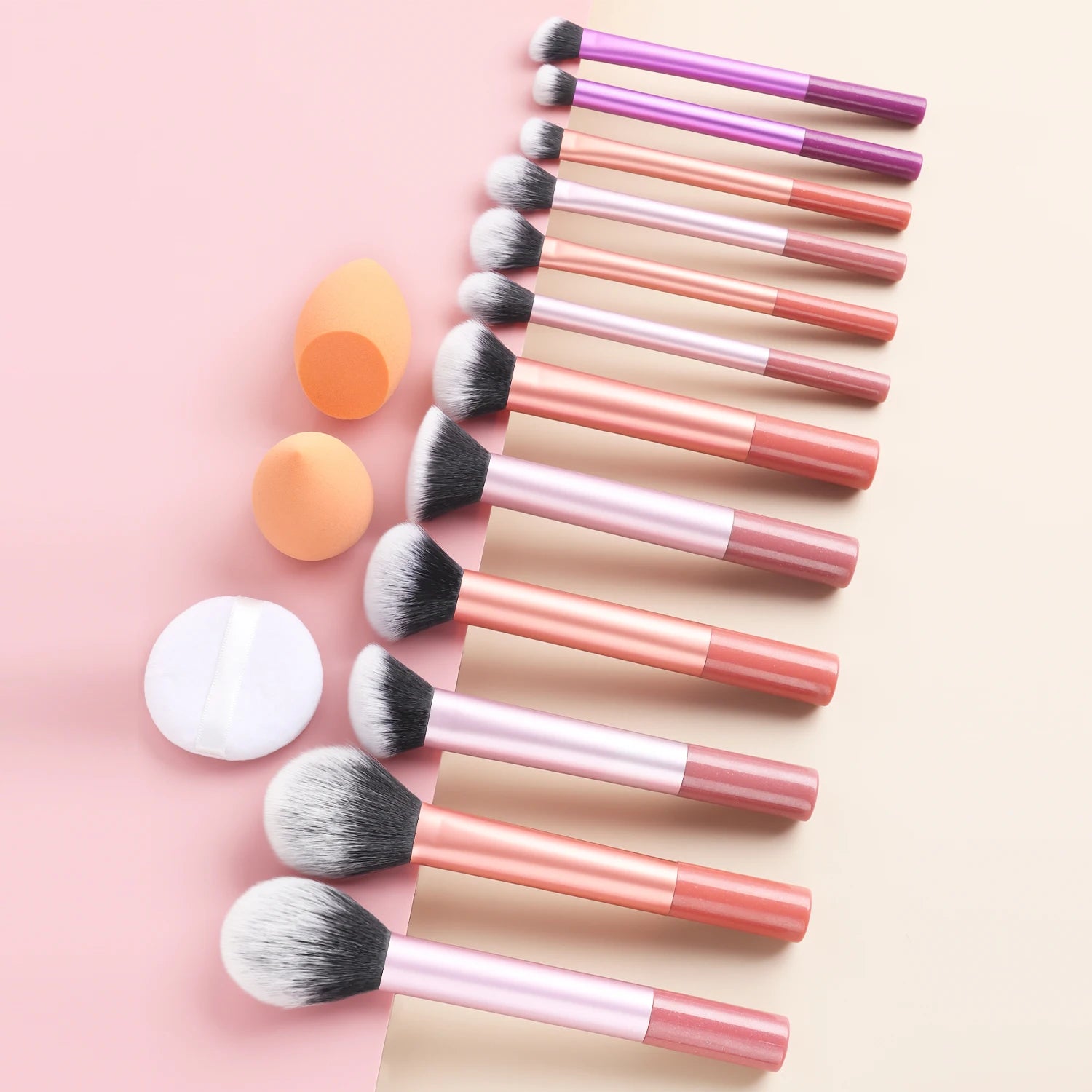 15pcs professional makeup brush set - classic everyday including 2pcs bevel and water drop beauty egg, 1 powder puff beauty tool