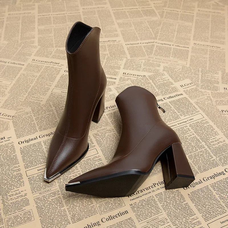Pointed Toe Ankle Boots - Elegant High Heel Booties with Back Zipper