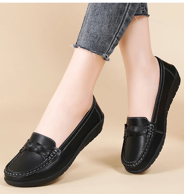 Women's Leather Loafers - Comfortable Slip-On Flat Shoes