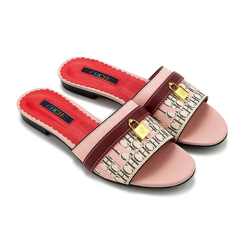 CH High Quality Metal Lock Monogram Print Women's Low Heeled Slippers Delicate and Versatile Women's Fashion Slippers