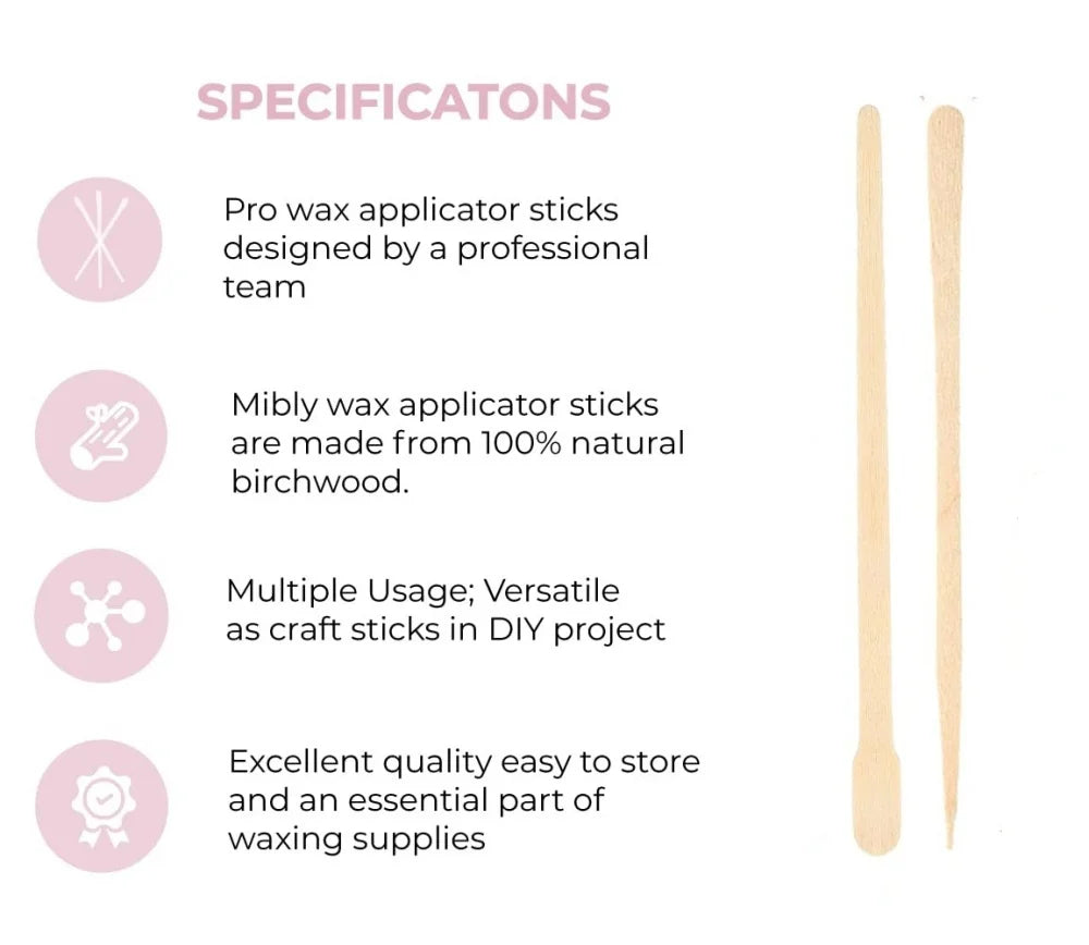 Wooden Wax Applicator Sticks - 100 Pack Disposable Hair Removal Spatulas