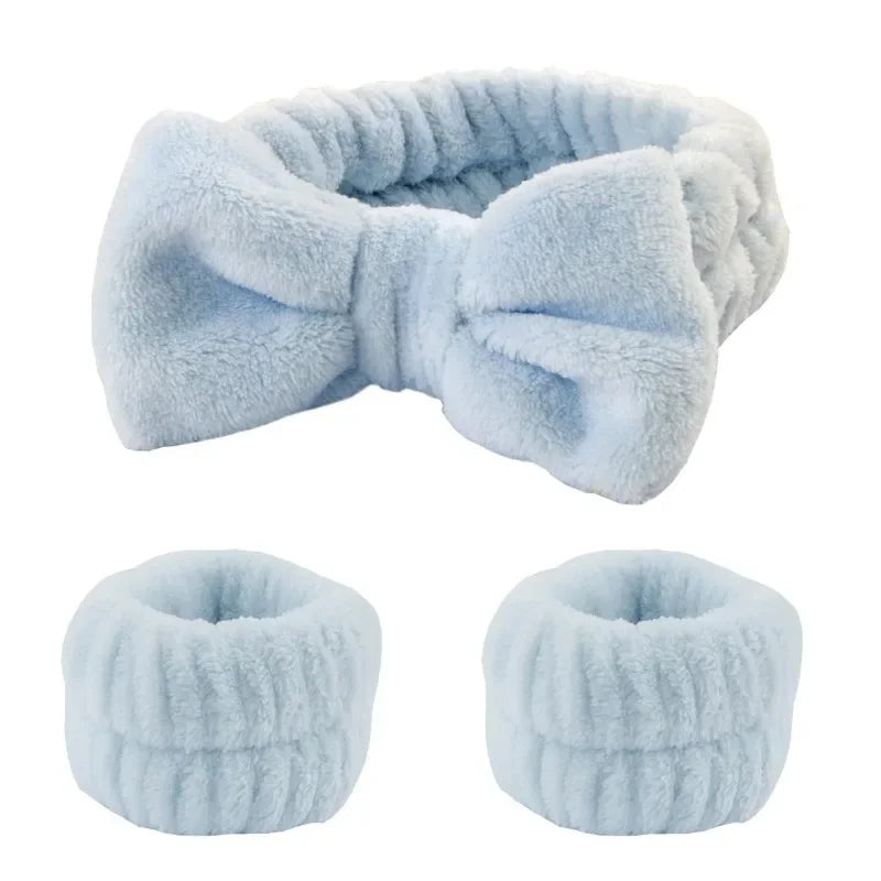 Spa Headband with Wrist Towels for Face Washing Set Elastic Bow Headbands with Highly Absorbent Wristbands for Shower Skincare