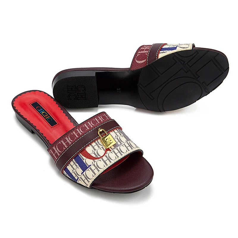 CH High Quality Metal Lock Monogram Print Women's Low Heeled Slippers Delicate and Versatile Women's Fashion Slippers