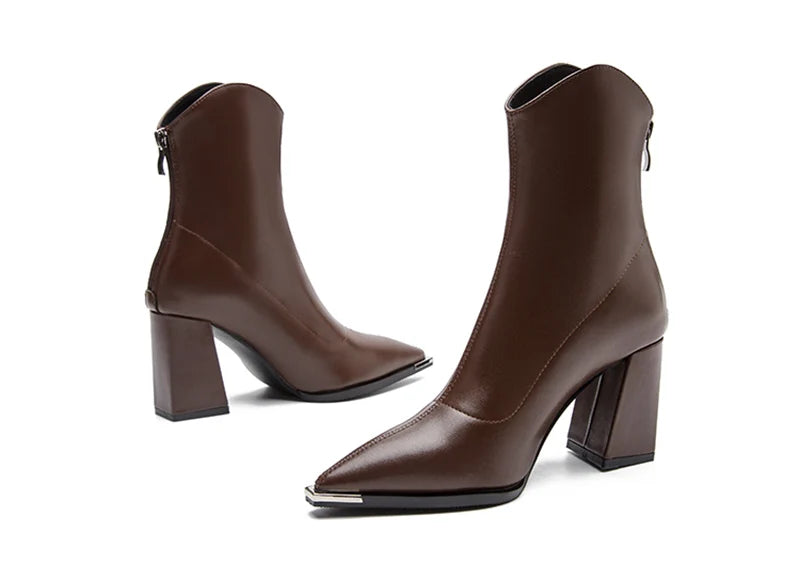 Pointed Toe Ankle Boots - Elegant High Heel Booties with Back Zipper