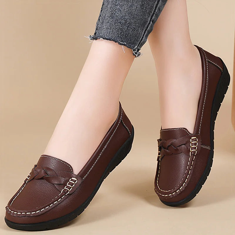 Women's Leather Loafers - Comfortable Slip-On Flat Shoes
