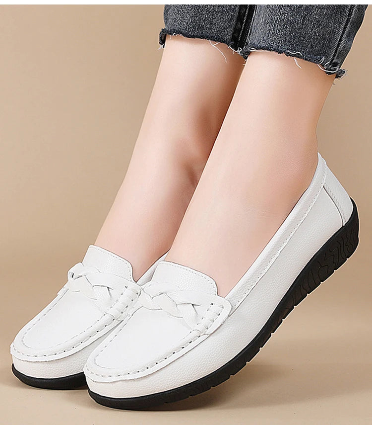Women's Leather Loafers - Comfortable Slip-On Flat Shoes