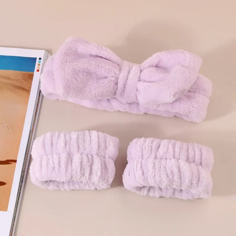 Spa Headband with Wrist Towels for Face Washing Set Elastic Bow Headbands with Highly Absorbent Wristbands for Shower Skincare