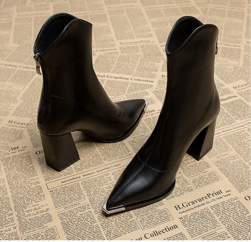 Pointed Toe Ankle Boots - Elegant High Heel Booties with Back Zipper