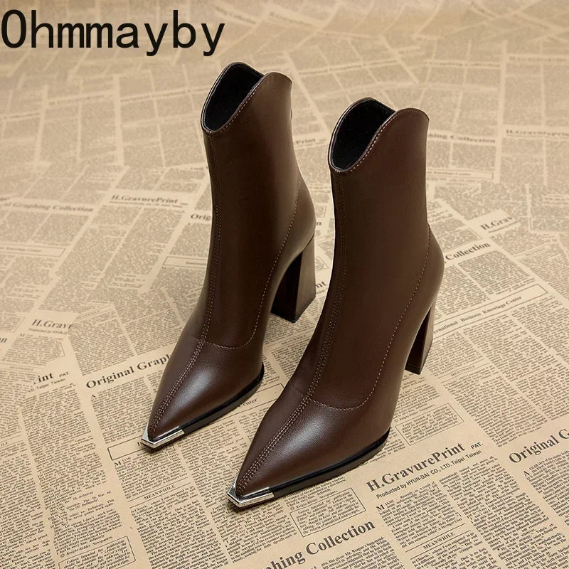 Pointed Toe Ankle Boots - Elegant High Heel Booties with Back Zipper