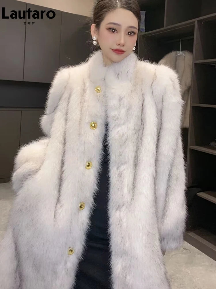 Lautaro Autumn Winter Long Thick Warm Hairy Soft Faux Fox Fur Coat Women Stand Collar Elegant Luxury Chic Fluffy Jacket 2024