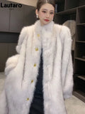 Lautaro Autumn Winter Long Thick Warm Hairy Soft Faux Fox Fur Coat Women Stand Collar Elegant Luxury Chic Fluffy Jacket 2024