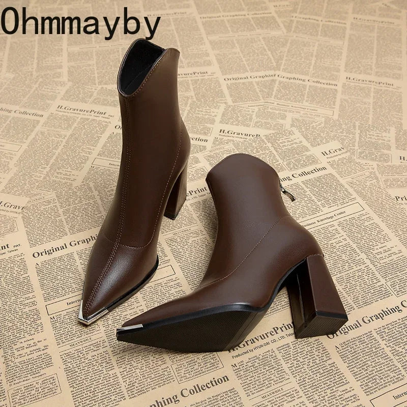 Pointed Toe Ankle Boots - Elegant High Heel Booties with Back Zipper