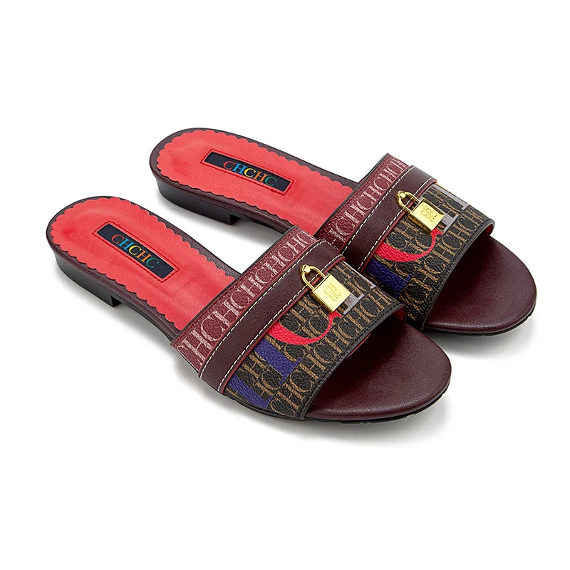 CH High Quality Metal Lock Monogram Print Women's Low Heeled Slippers Delicate and Versatile Women's Fashion Slippers