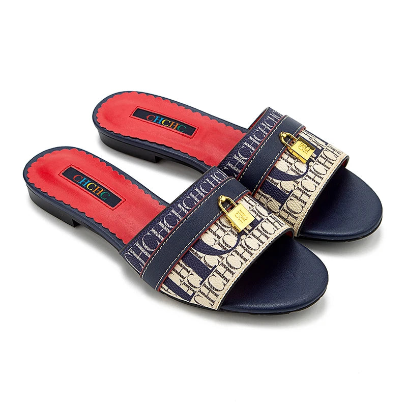CH High Quality Metal Lock Monogram Print Women's Low Heeled Slippers Delicate and Versatile Women's Fashion Slippers