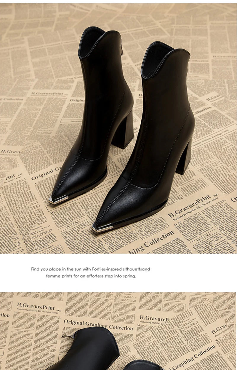 Pointed Toe Ankle Boots - Elegant High Heel Booties with Back Zipper