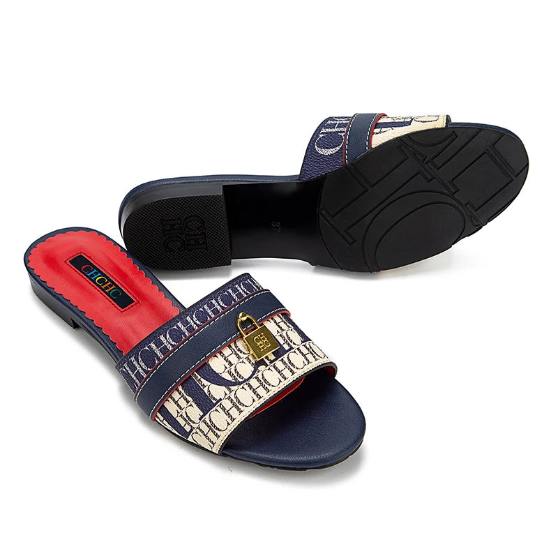 CH High Quality Metal Lock Monogram Print Women's Low Heeled Slippers Delicate and Versatile Women's Fashion Slippers