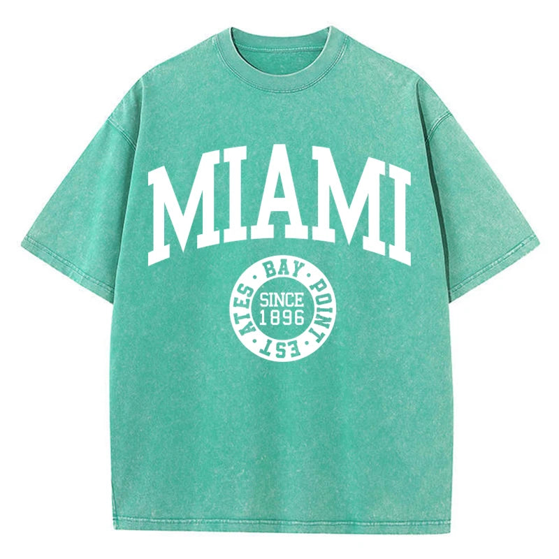 Women'S Cotton Washed T-Shirts Trend O-Neck Distressed Tee Shirts Miami Usa Printed Short Sleeve Summer Street Female Clothes