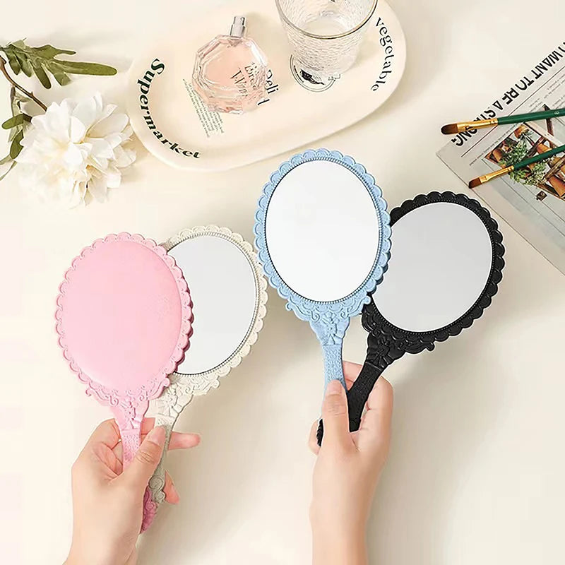 Portable Vintage Lace Makeup Mirror Hand Hold Oval Round Mirror Noble Restore Ancient Ways Court Mirror Beauty Tool