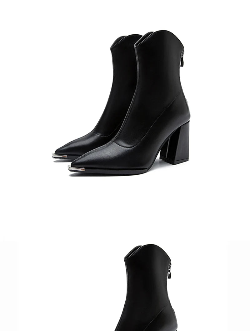 Pointed Toe Ankle Boots - Elegant High Heel Booties with Back Zipper