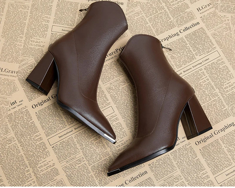Pointed Toe Ankle Boots - Elegant High Heel Booties with Back Zipper