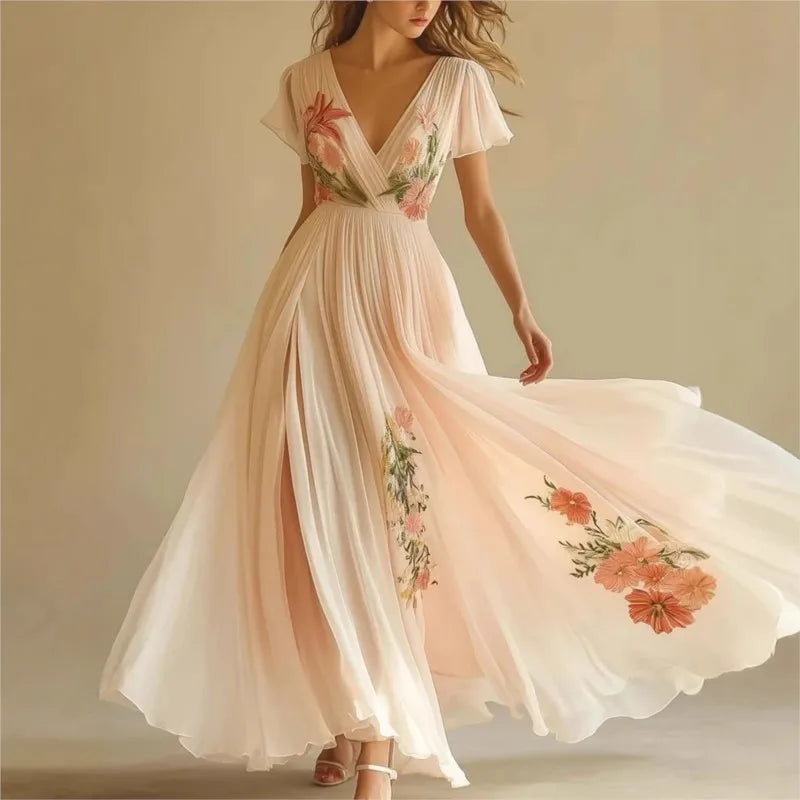 Floral V-Neck Boho Maxi Dress - Flowy Summer High Waist Dress