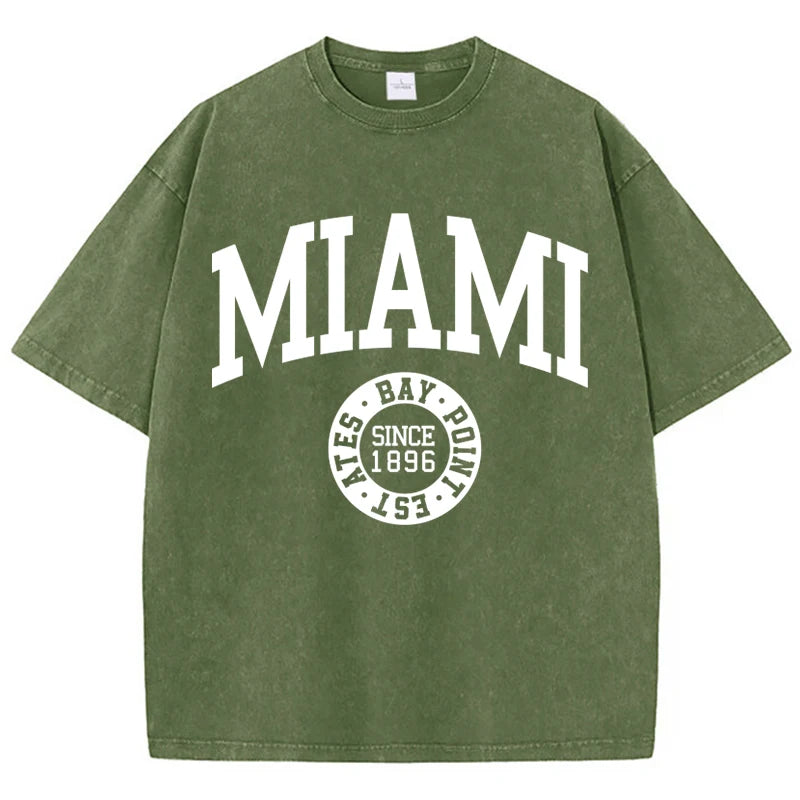 Women'S Cotton Washed T-Shirts Trend O-Neck Distressed Tee Shirts Miami Usa Printed Short Sleeve Summer Street Female Clothes