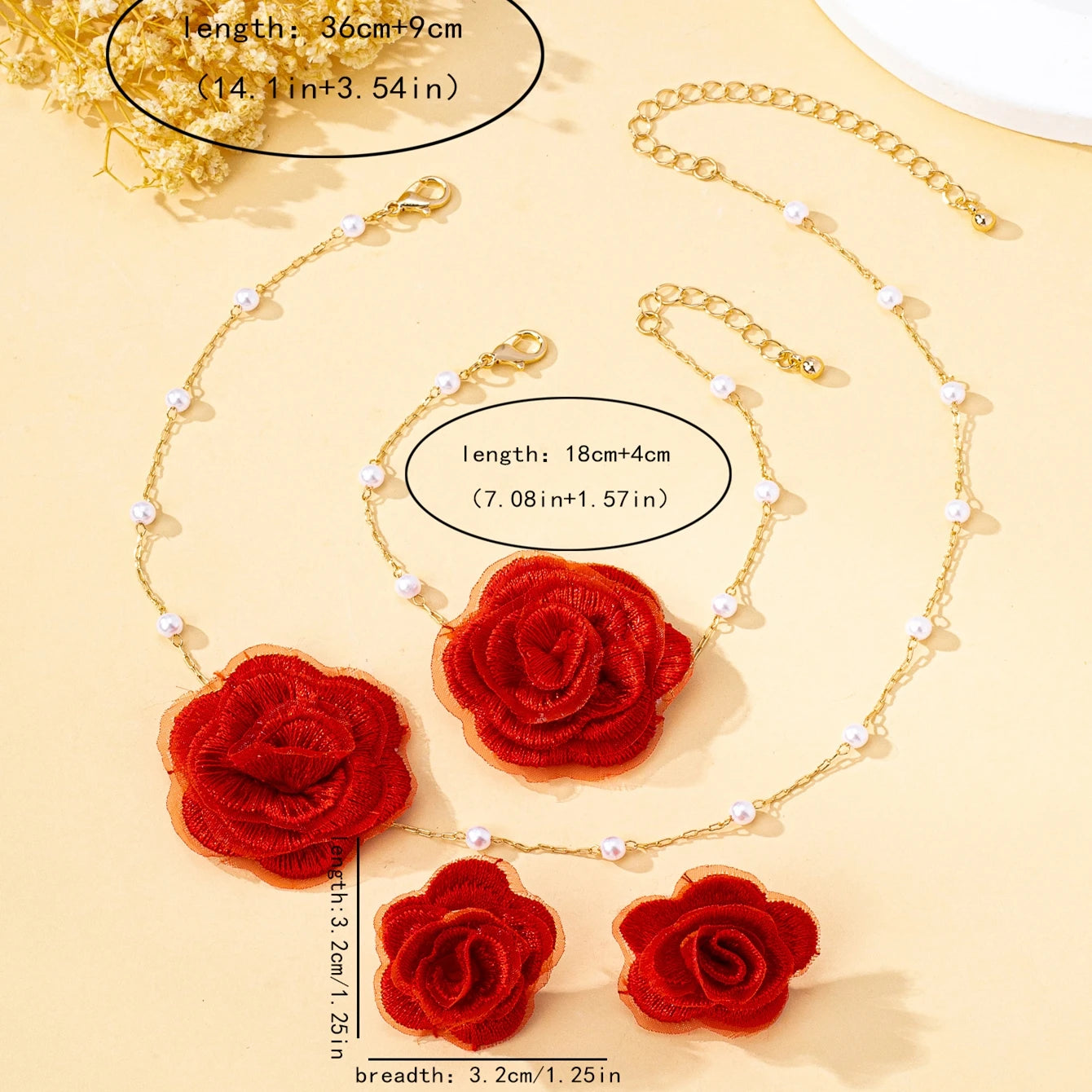 Women Jewelry Set Elegant Fabric Flower Imitation Pearl Necklace Bracelet Stud Earrings Bohemian Jewelry for Daily and Holiday Wear