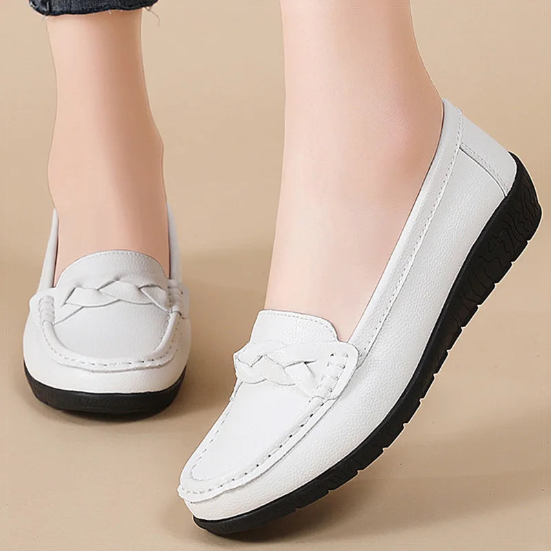 Women's Leather Loafers - Comfortable Slip-On Flat Shoes