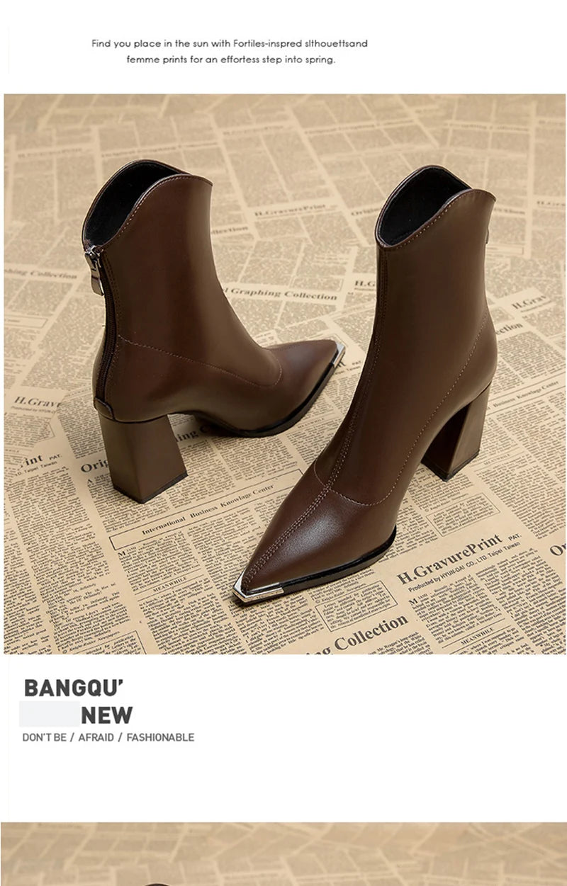 Pointed Toe Ankle Boots - Elegant High Heel Booties with Back Zipper