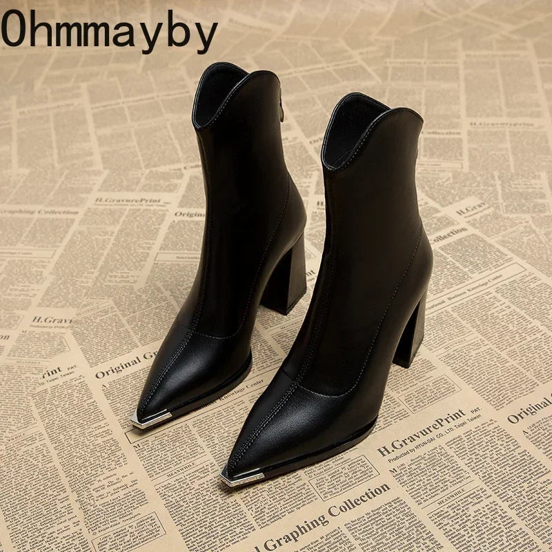 Pointed Toe Ankle Boots - Elegant High Heel Booties with Back Zipper