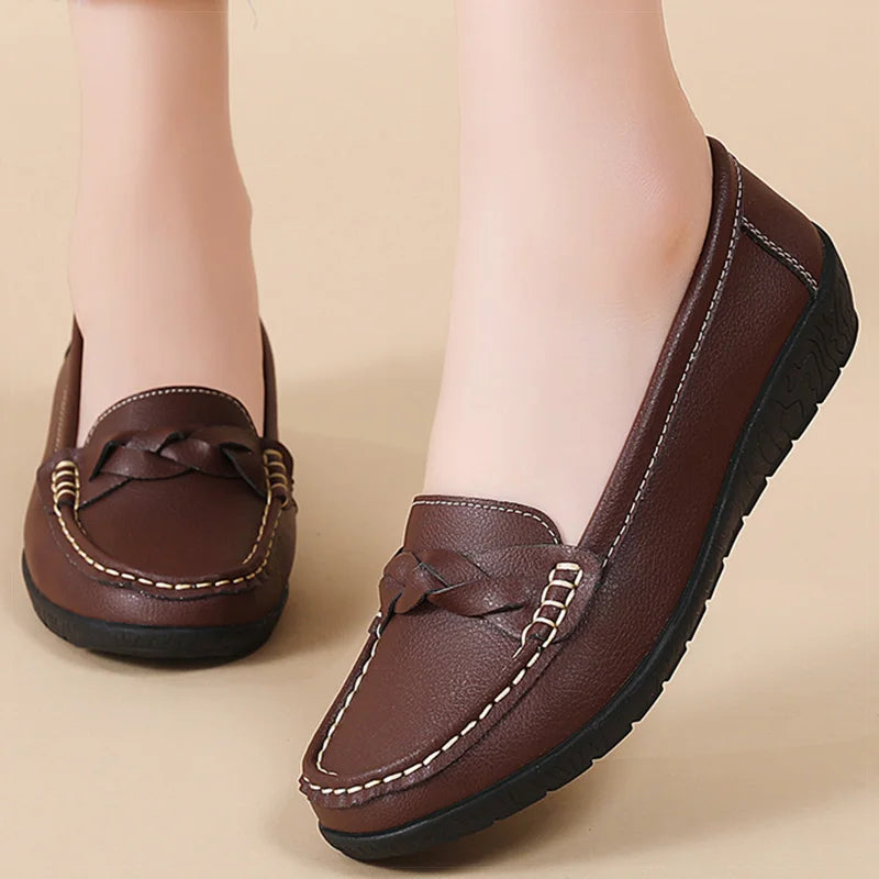 Women's Leather Loafers - Comfortable Slip-On Flat Shoes