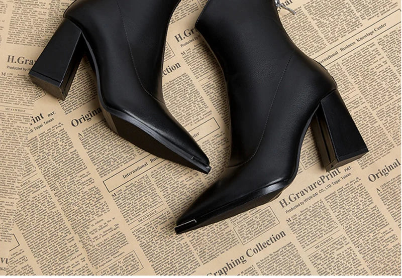 Pointed Toe Ankle Boots - Elegant High Heel Booties with Back Zipper