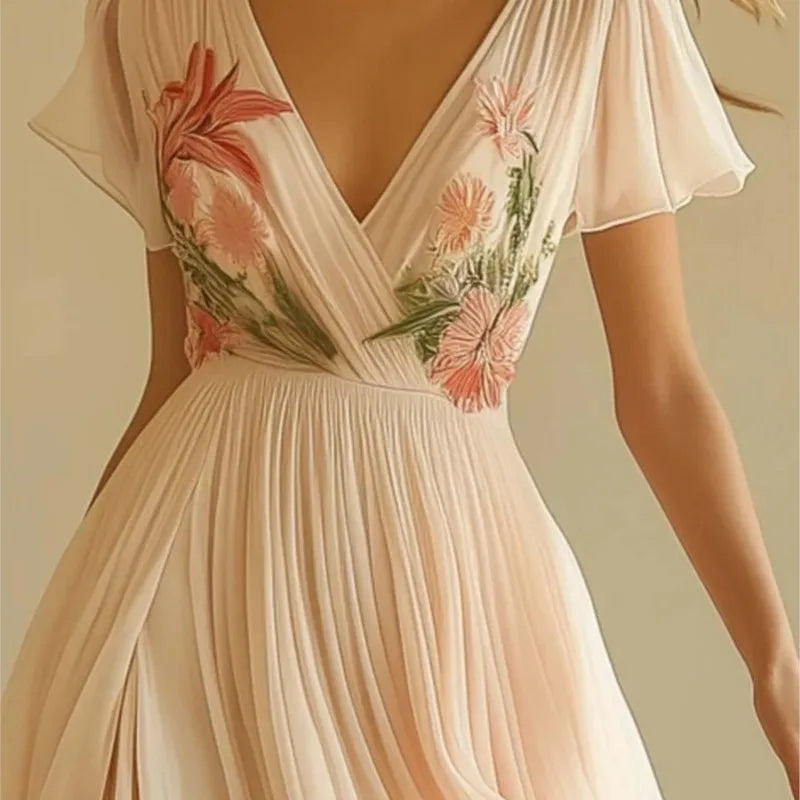 Floral V-Neck Boho Maxi Dress - Flowy Summer High Waist Dress