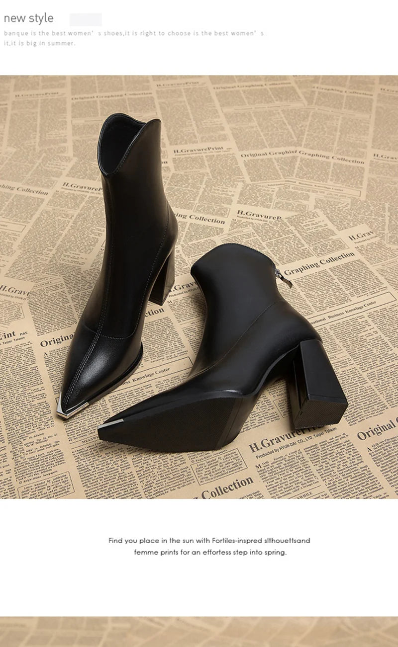 Pointed Toe Ankle Boots - Elegant High Heel Booties with Back Zipper