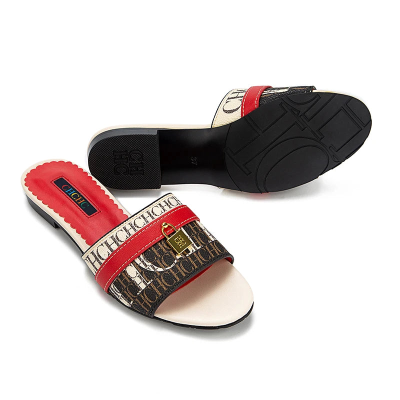 CH High Quality Metal Lock Monogram Print Women's Low Heeled Slippers Delicate and Versatile Women's Fashion Slippers
