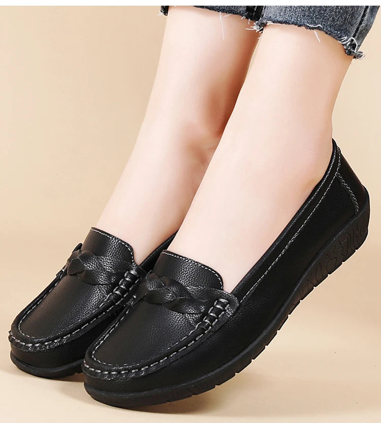 Women's Leather Loafers - Comfortable Slip-On Flat Shoes