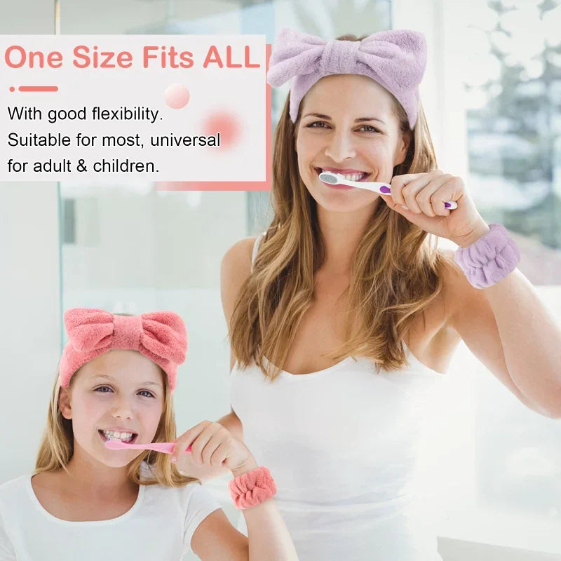 Spa Headband with Wrist Towels for Face Washing Set Elastic Bow Headbands with Highly Absorbent Wristbands for Shower Skincare