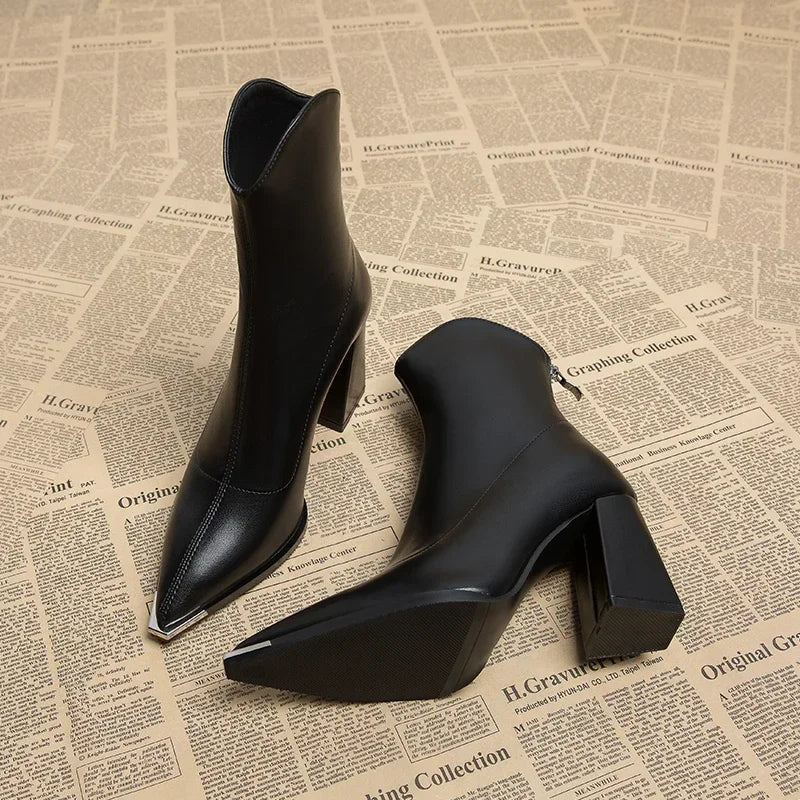 Pointed Toe Ankle Boots - Elegant High Heel Booties with Back Zipper