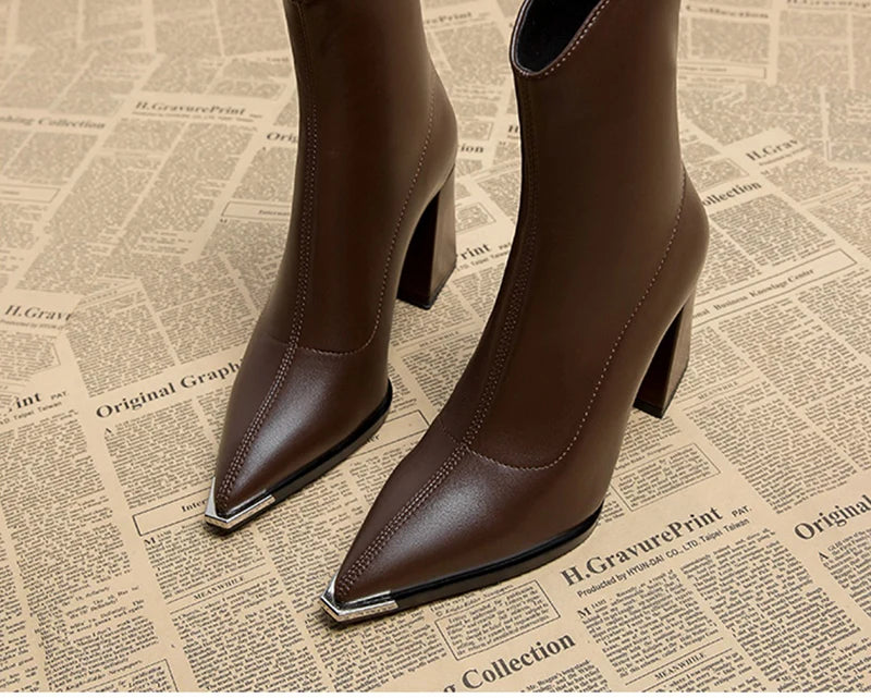 Pointed Toe Ankle Boots - Elegant High Heel Booties with Back Zipper